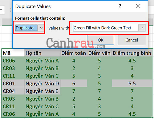 Tìm dữ liệu trùng lặp trong Excel với Định dạng có Điều kiện Hình 4