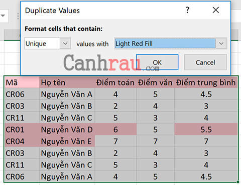 Tìm dữ liệu trùng lặp trong Excel với Định dạng có Điều kiện Hình 5