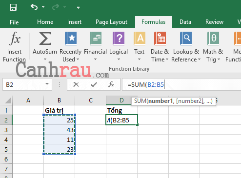 Cách tính tổng trong hình 6 của Excel